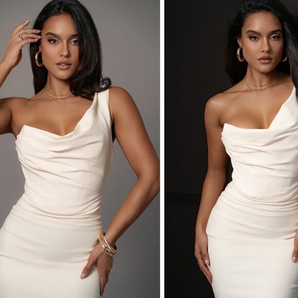 JLUXLABEL BUTTERCREAM CREAM DENIM STRETCH KRISHNA ONE SHOULDER MAXI DRESS - SMAL - Picture 3 of 7